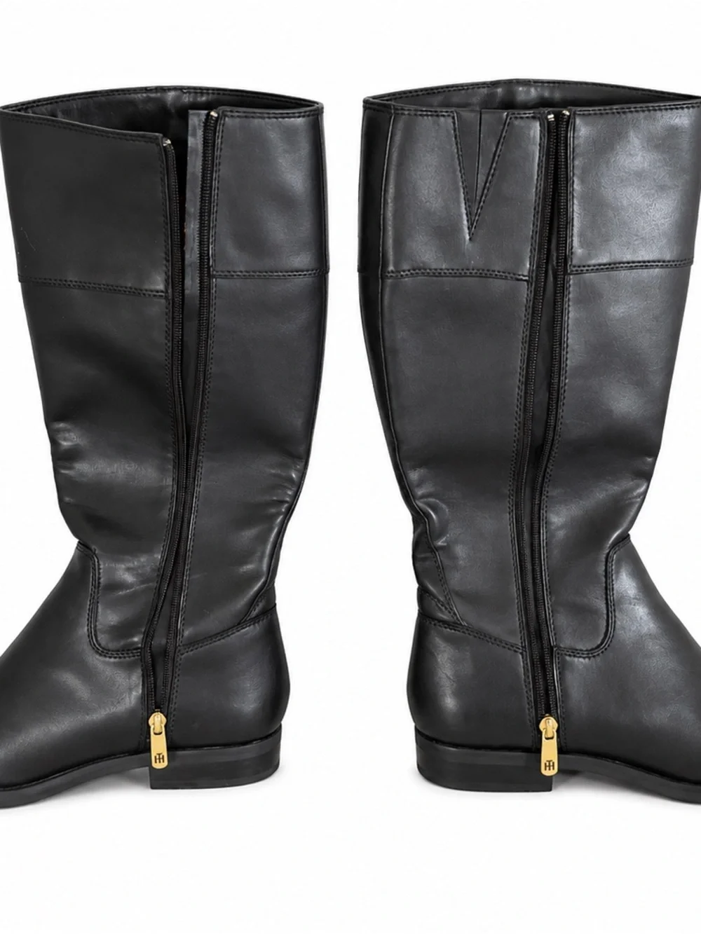 Tommy Hilfiger Women’s Black Knee High Riding Boots 9.5M Gold Logo Zip